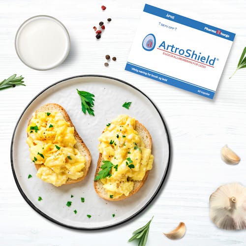 Frokostbord med ArtroShields hovedingrediens er naturlig eggeskallmembran. Foto.