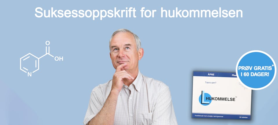 Tenkende mann foran en blå bakgrunn med teksten 