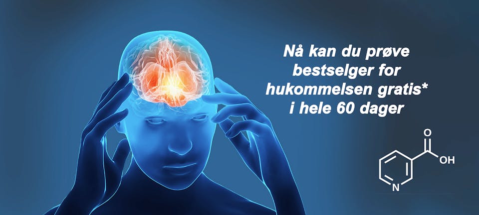 Illustrasjon av hjerne og B-vitamin formel med tilbud om å prøve L-Hukommelse gratis i 60 dager