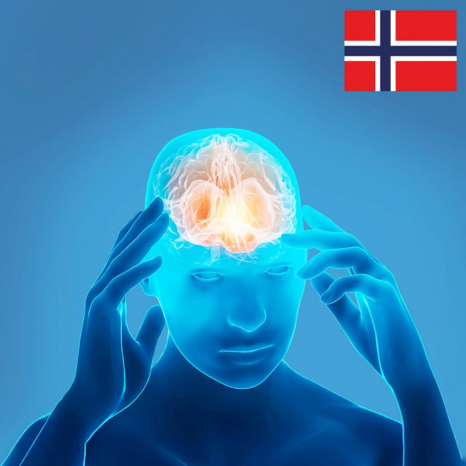 Illustrasjon av mann med hjernen fremhevet i oransje – symbol på kognitiv funksjon og mental klarhet.