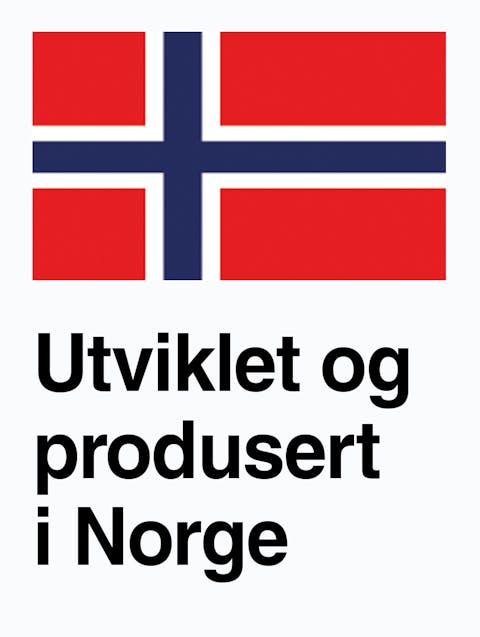 Norsk flagg med teksten utviklet og produsert i Norge – symbol på norsk kvalitet
