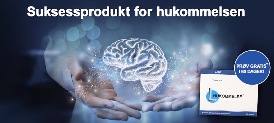 Illustrasjon av to hender som forsiktig holder en hjerne – symbol på å støtte hukommelsen. Viser også produktesken L-Hukommelse og «Prøv gratis»tilbud.